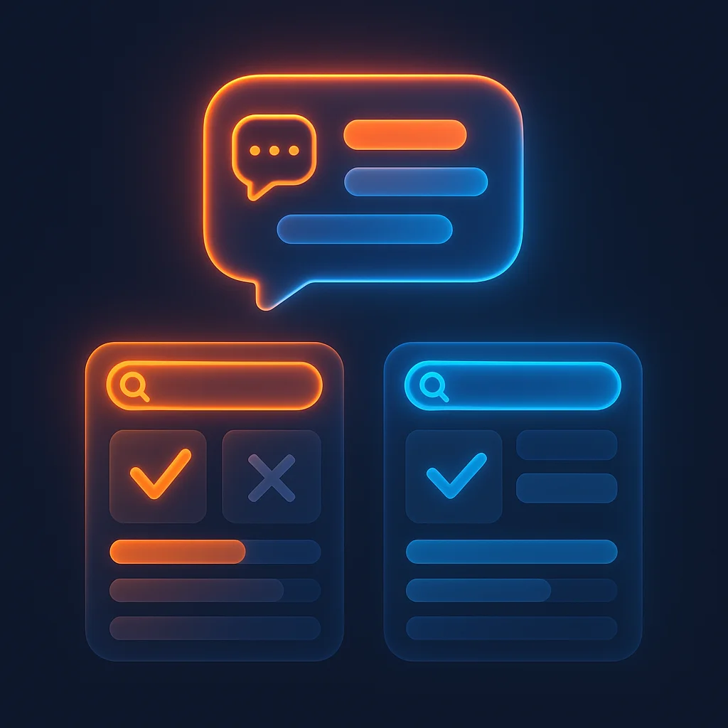 A clean concept illustration of glowing AI chat cards and search result tiles comparing repair vs. replace choices, without any characters.