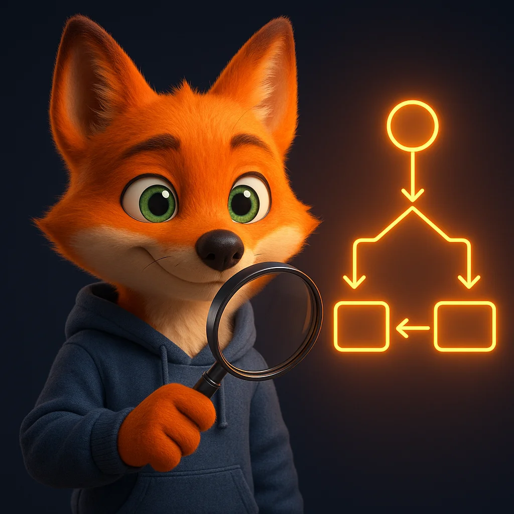 The FoxRadar fox mascot holds a magnifying glass and smiles, showing a clear decision path between repair and replace.