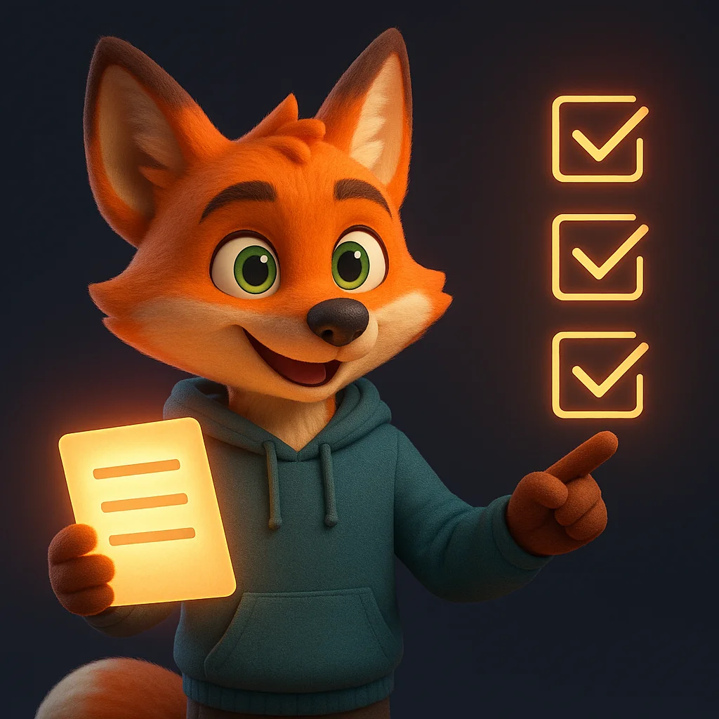 The FoxRadar fox mascot holding a glowing document and pointing to a simple checklist, showing a clear returns policy.