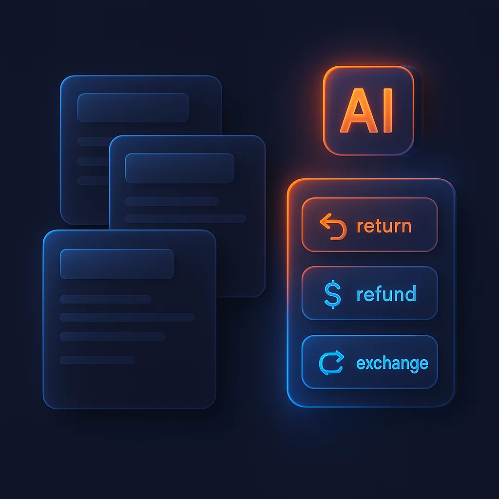A clean concept illustration of floating dark interface cards showing return steps and refund options, no characters.
