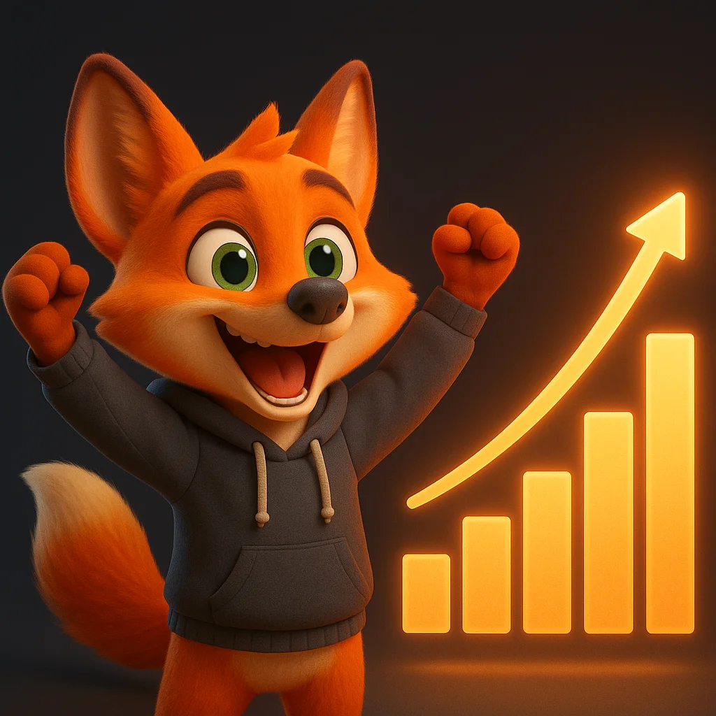The FoxRadar fox mascot celebrating with arms raised beside a rising chart, showing better AI visibility after adding a returns page.