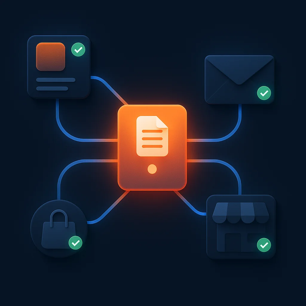 A clean concept illustration of a dashboard with bright visibility scores and connected nodes around a 'Returns' page card, no characters.