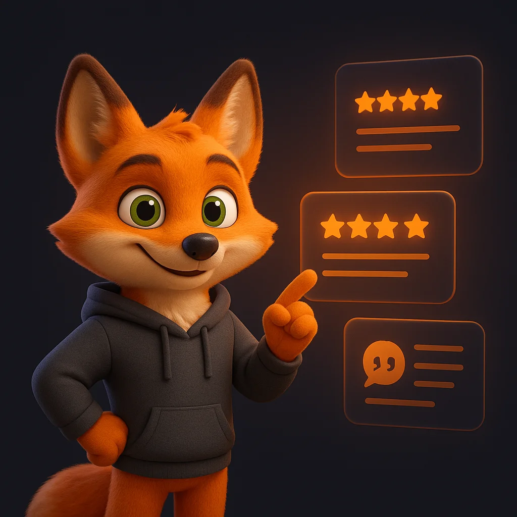 The FoxRadar fox mascot stands and points at floating review data visual elements with a confident smile.