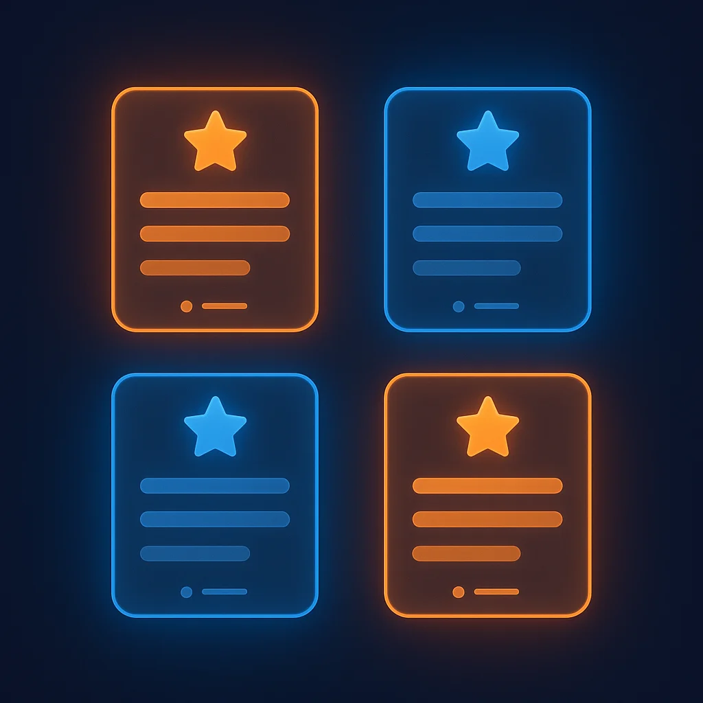 A clean concept illustration of glowing review cards and five-point stars on a dark background, without the fox.