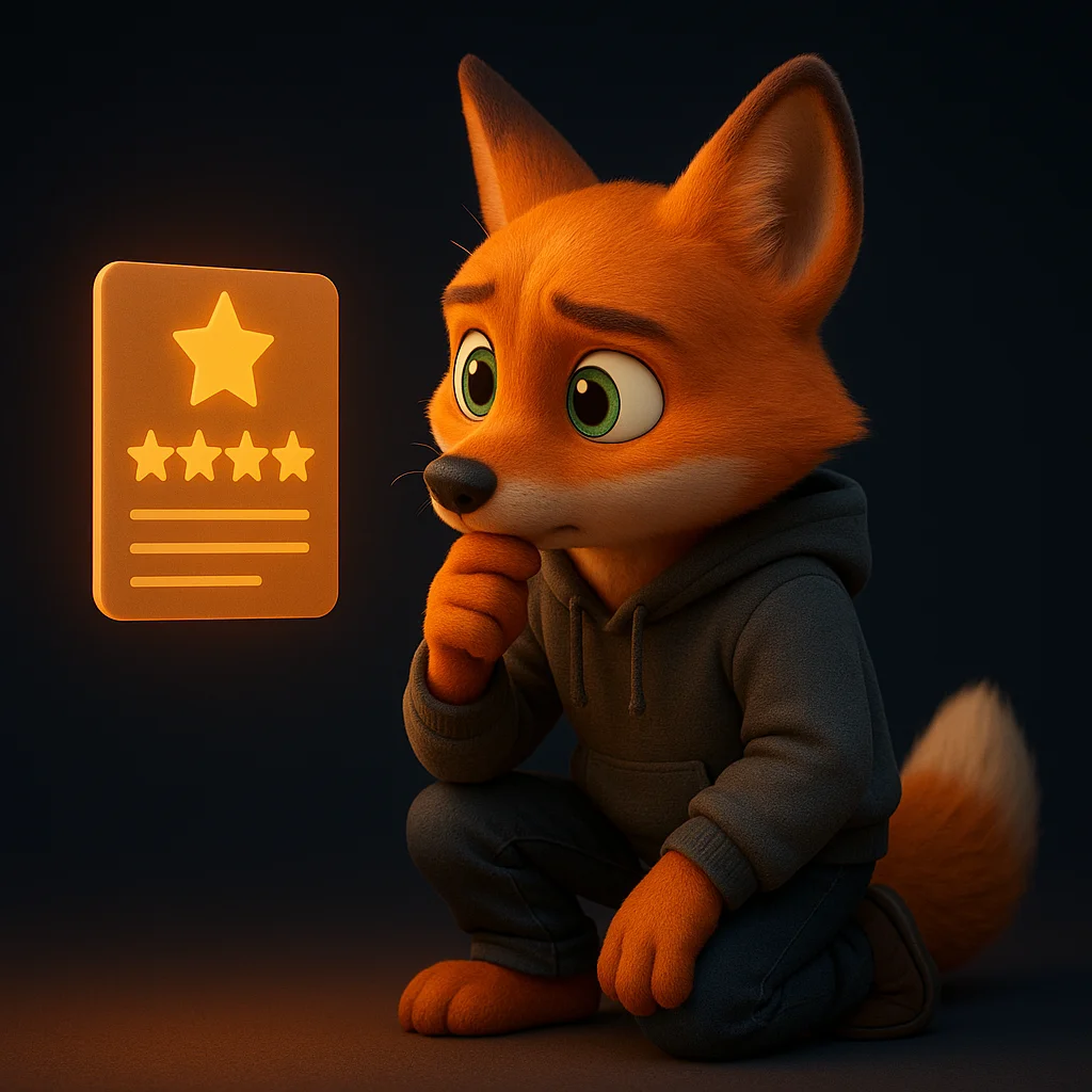 The FoxRadar fox mascot kneels and inspects a review card closely with focused eyes.