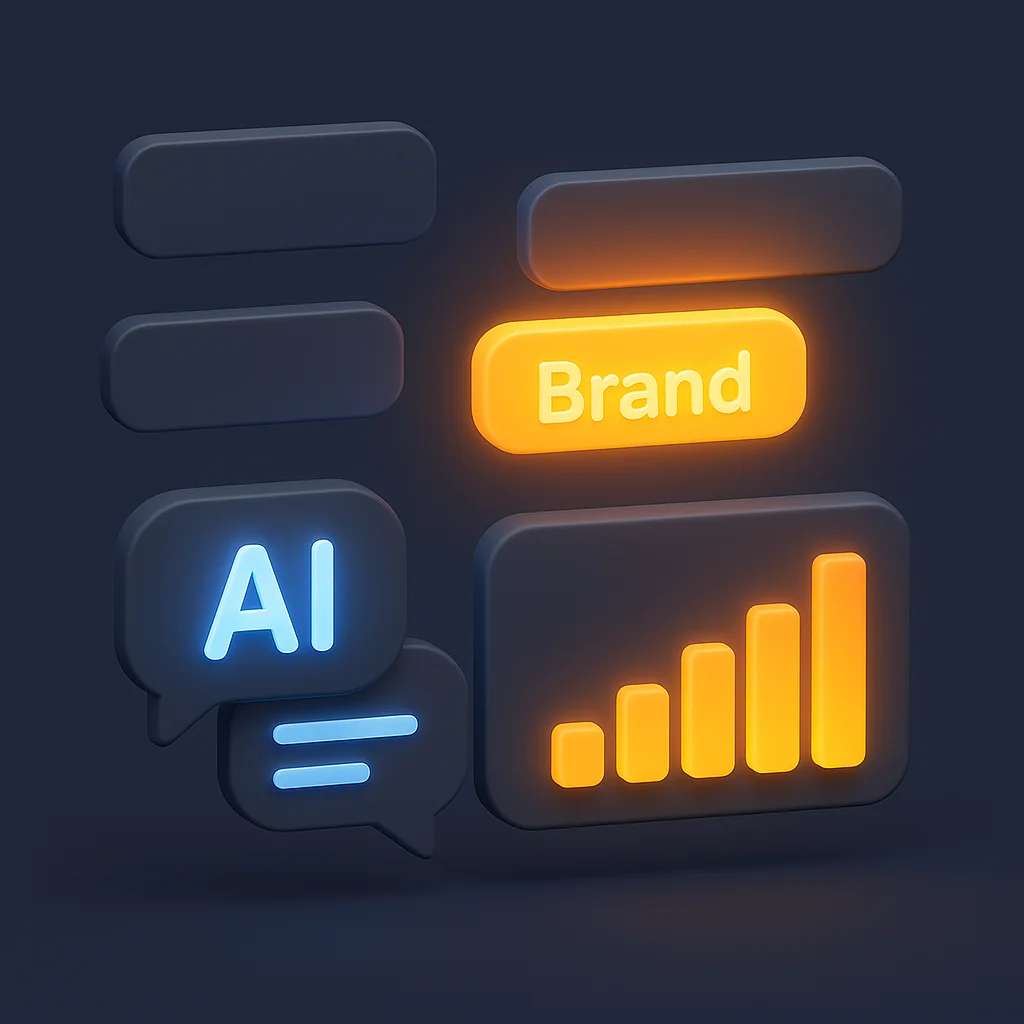 A concept illustration showing a brand name glowing brighter than others above AI chat bubbles, without the fox.