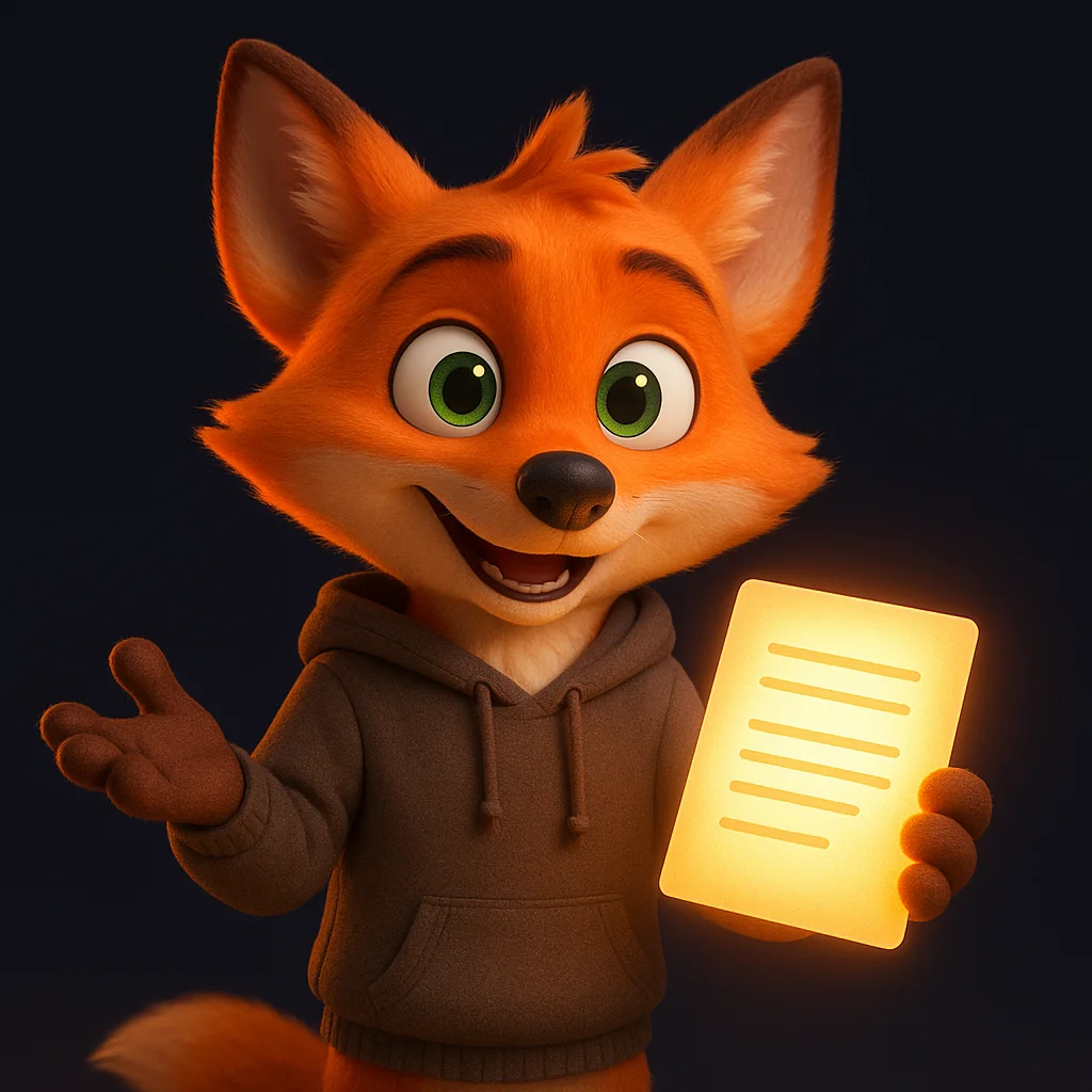 The FoxRadar fox mascot holding a glowing document and pointing to it while explaining, confident and friendly.