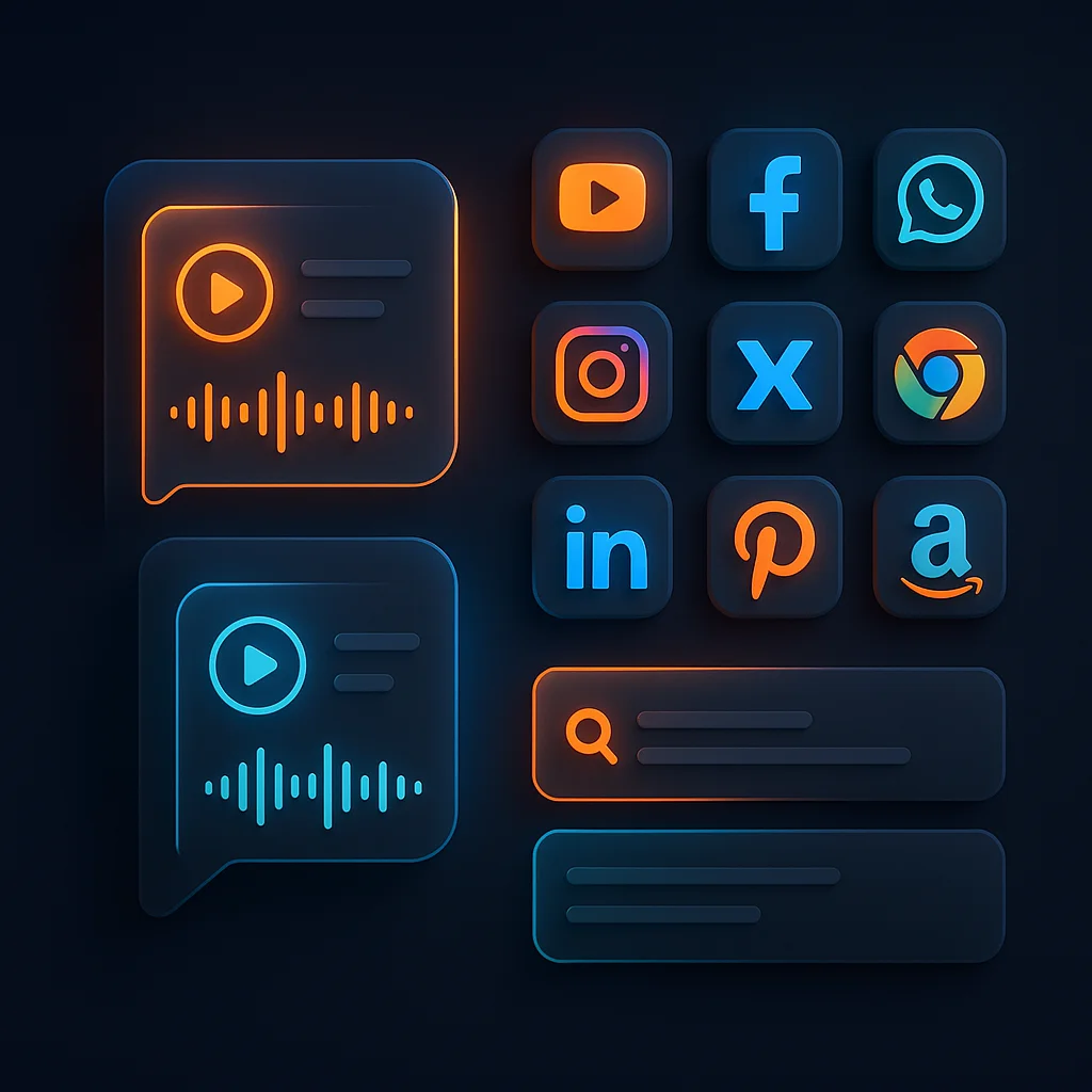 A clean concept illustration showing glowing audio waveforms and play buttons on floating interface cards, no fox present.