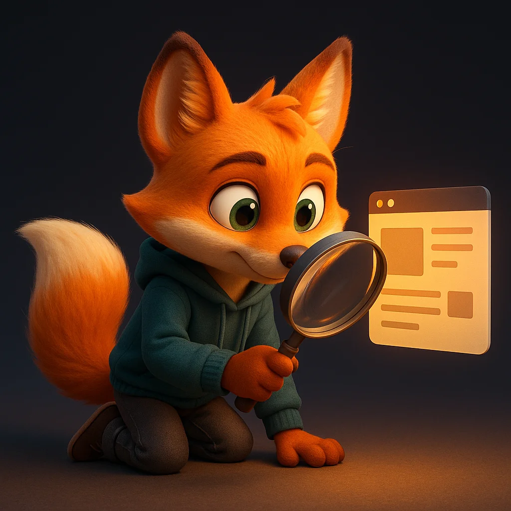 The FoxRadar fox mascot kneeling and inspecting a floating web page with a magnifying glass, focused and precise.