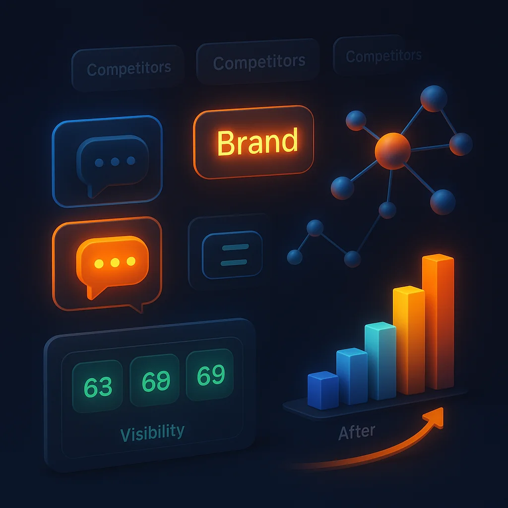 A clean concept illustration of a dashboard with glowing visibility indicators above AI chat bubbles, no fox present.