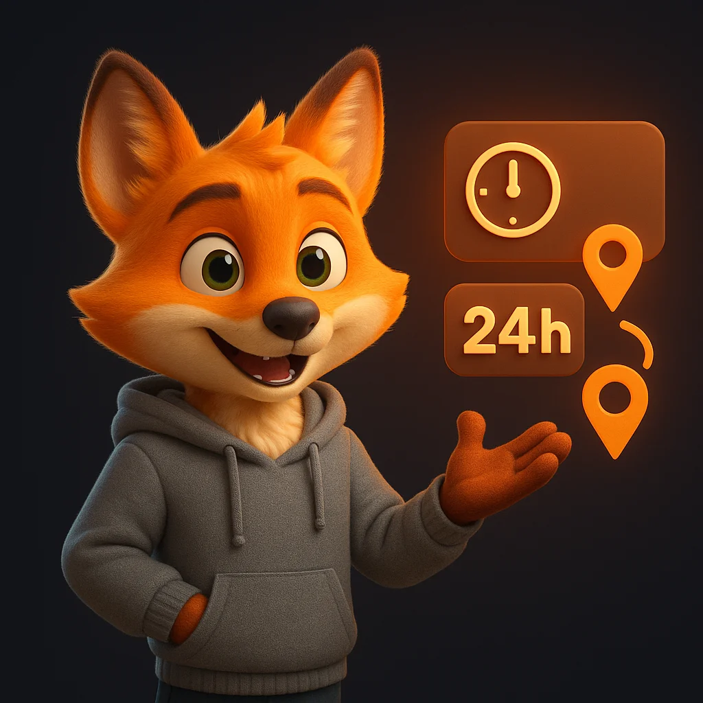 The FoxRadar fox mascot pointing at floating delivery data with a confident smile.