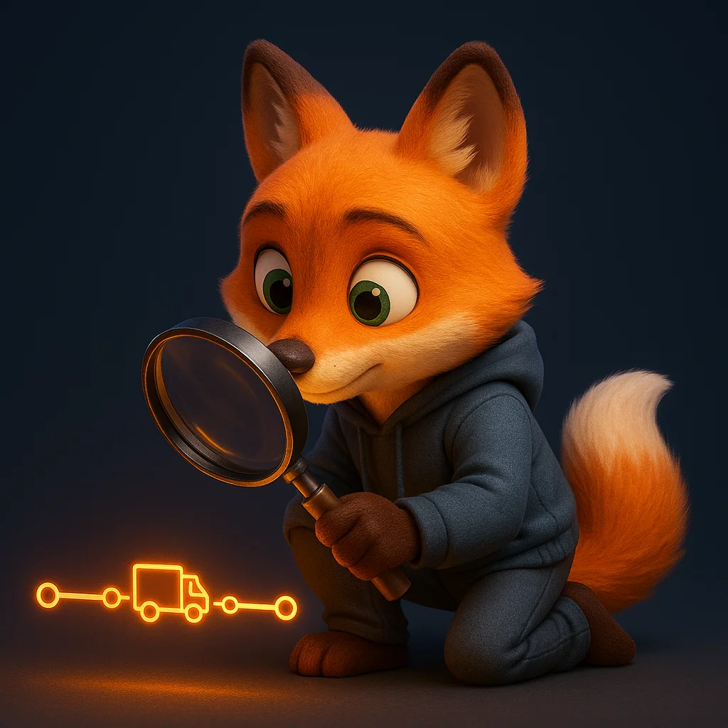 The FoxRadar fox mascot holding a magnifying glass and inspecting a shipping timeline closely.