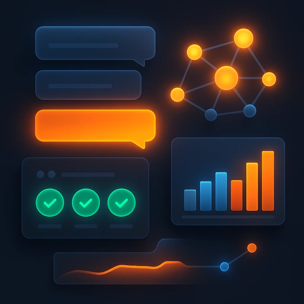Abstract 3D dashboard showing bright visibility scores and delivery time charts without any text.