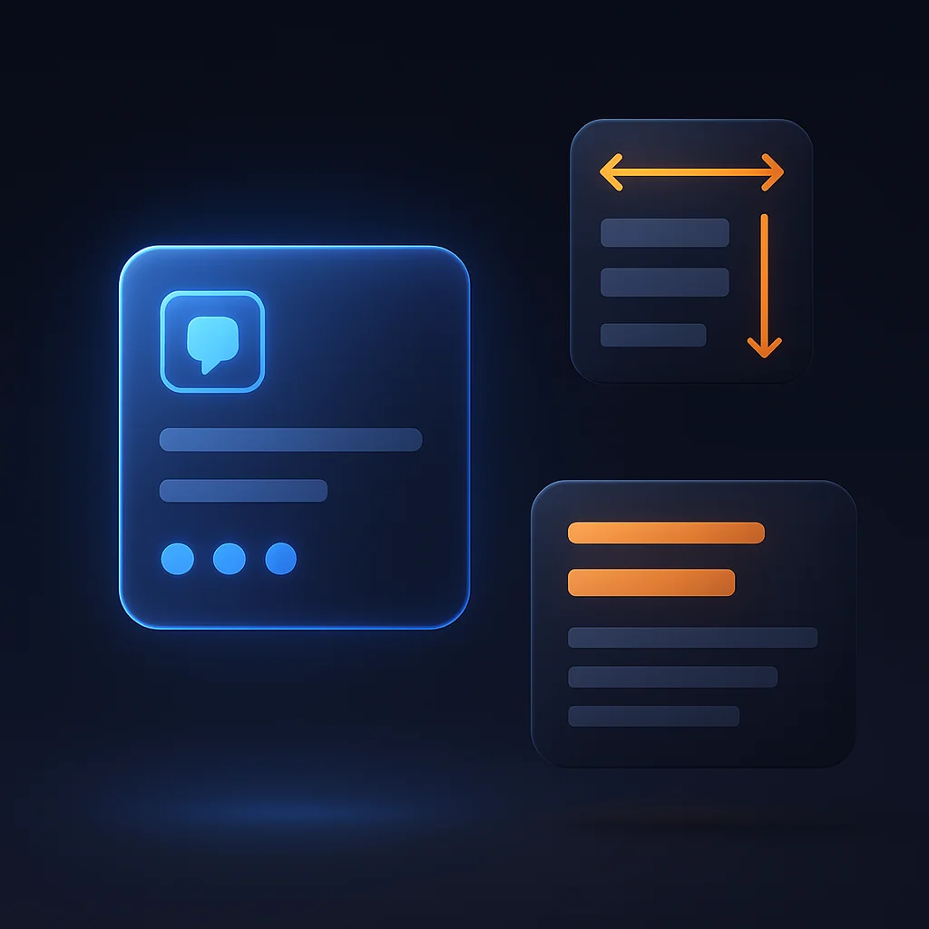 A clean concept illustration of glowing size charts and measurement cards on a dark background, without any character.