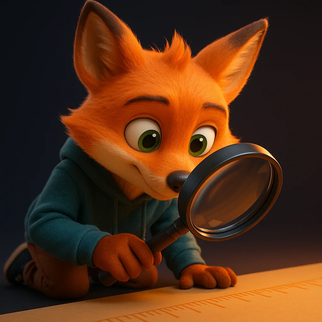 The FoxRadar fox mascot holding a magnifying glass over a size table, inspecting measurements closely.
