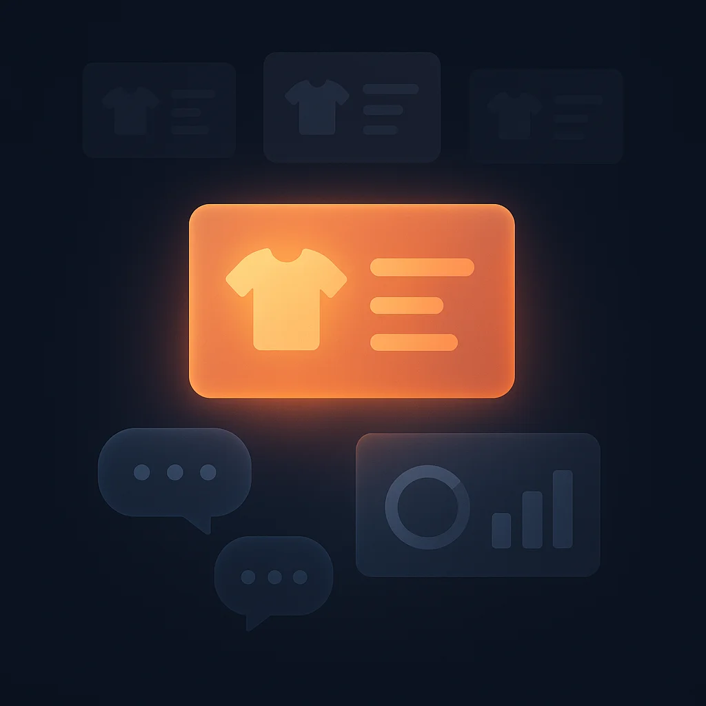 A clean concept illustration of a bright brand size card glowing stronger than dim competitor cards, no character.