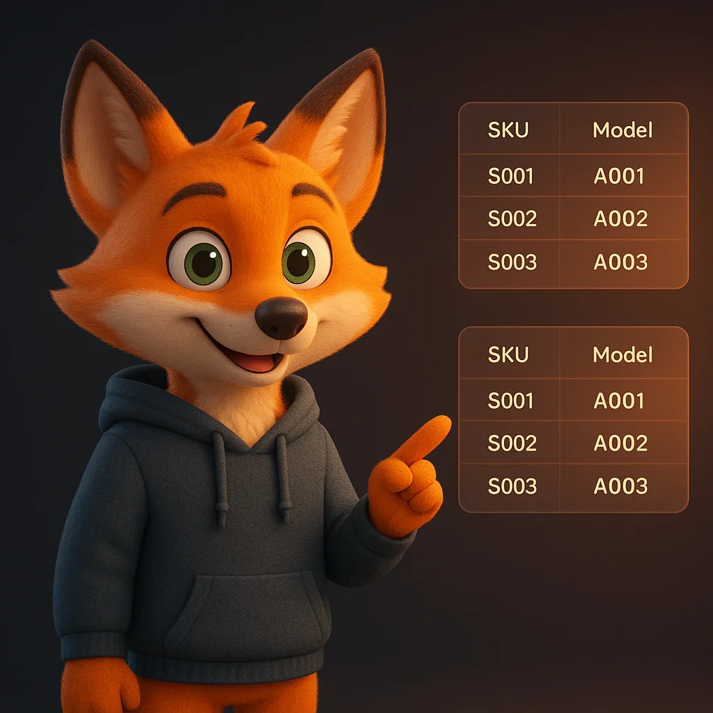 The FoxRadar fox mascot standing and pointing at a floating table of SKUs and model numbers.