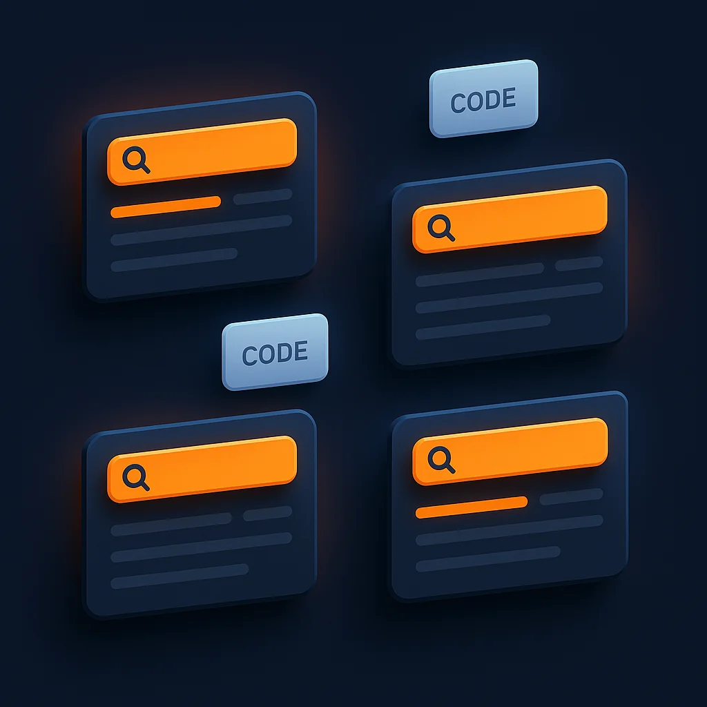 A clean concept illustration of glowing search result cards and product code tiles on a dark background, without the fox.