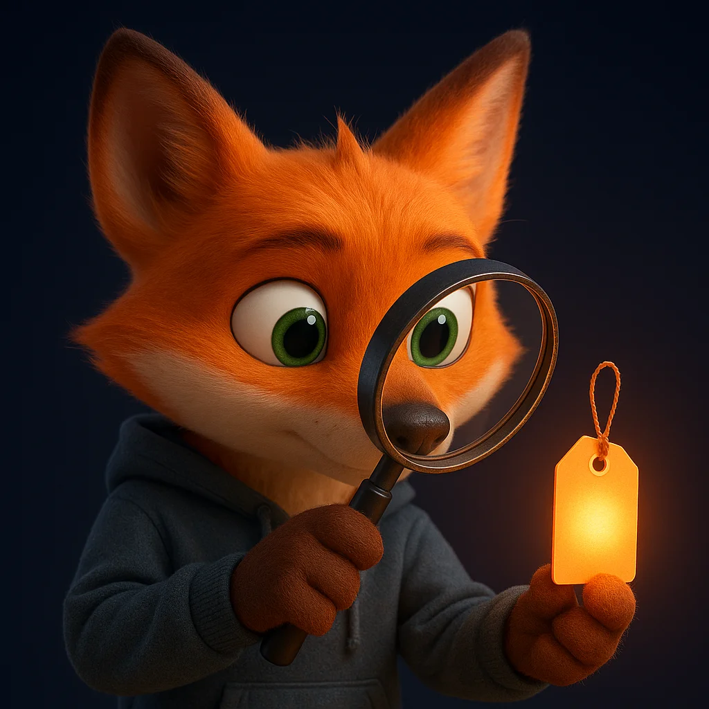 The FoxRadar fox mascot holding a magnifying glass and closely inspecting a product label.