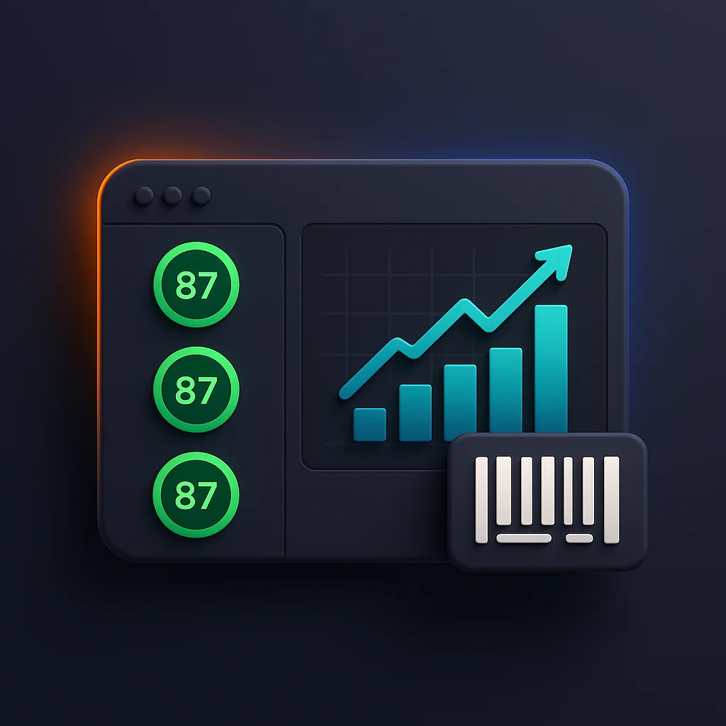 A concept illustration of a dashboard with bright visibility scores and glowing brand entries, without the fox.