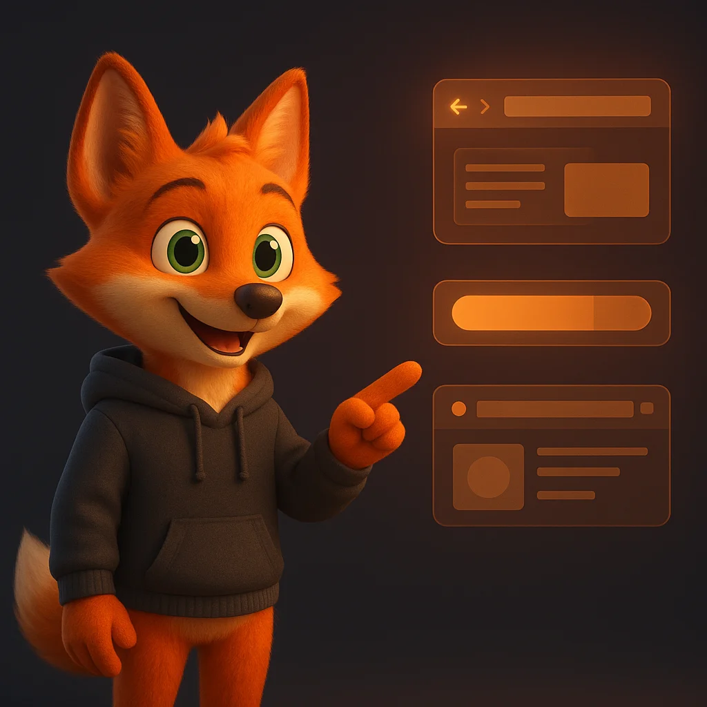 The FoxRadar fox mascot standing and pointing at floating data panels that represent official website links.