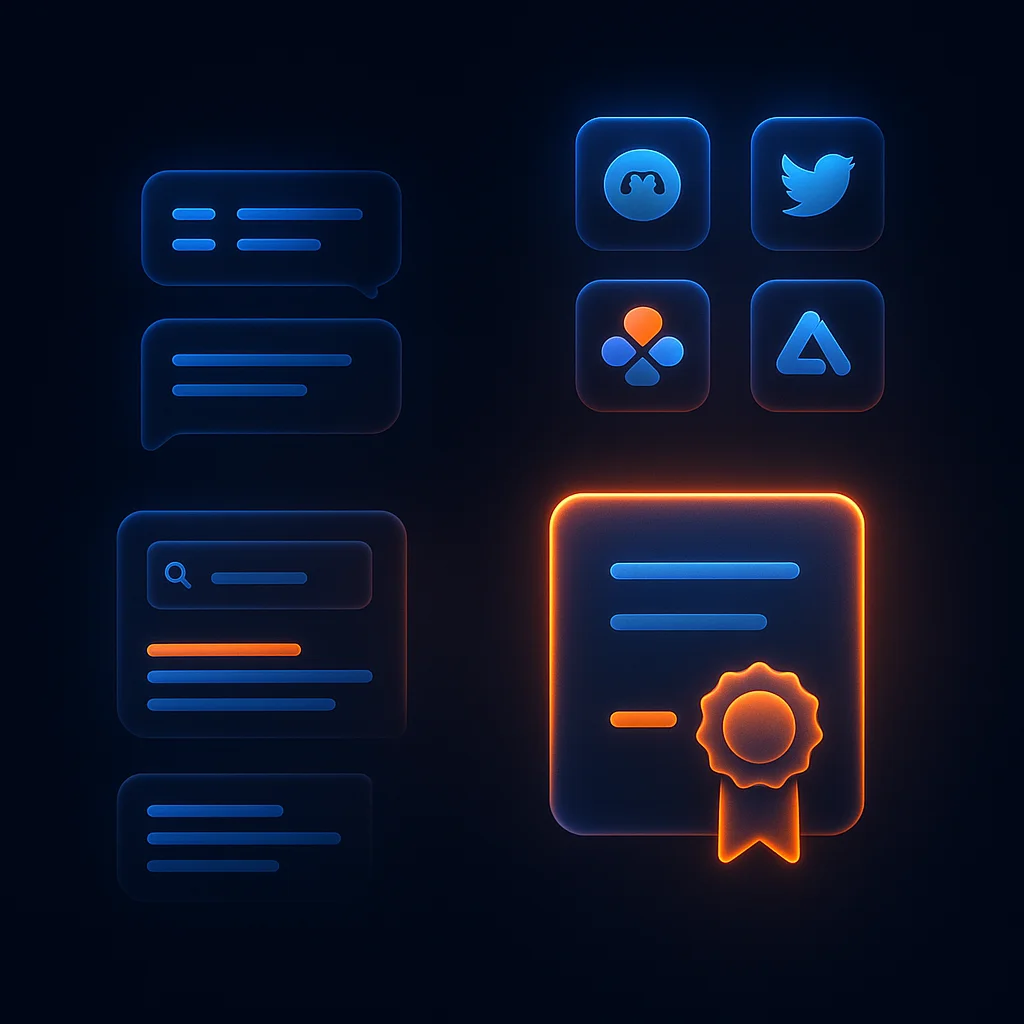 A concept illustration of glowing interface cards with brand icons and link placeholders on a dark background, no fox.