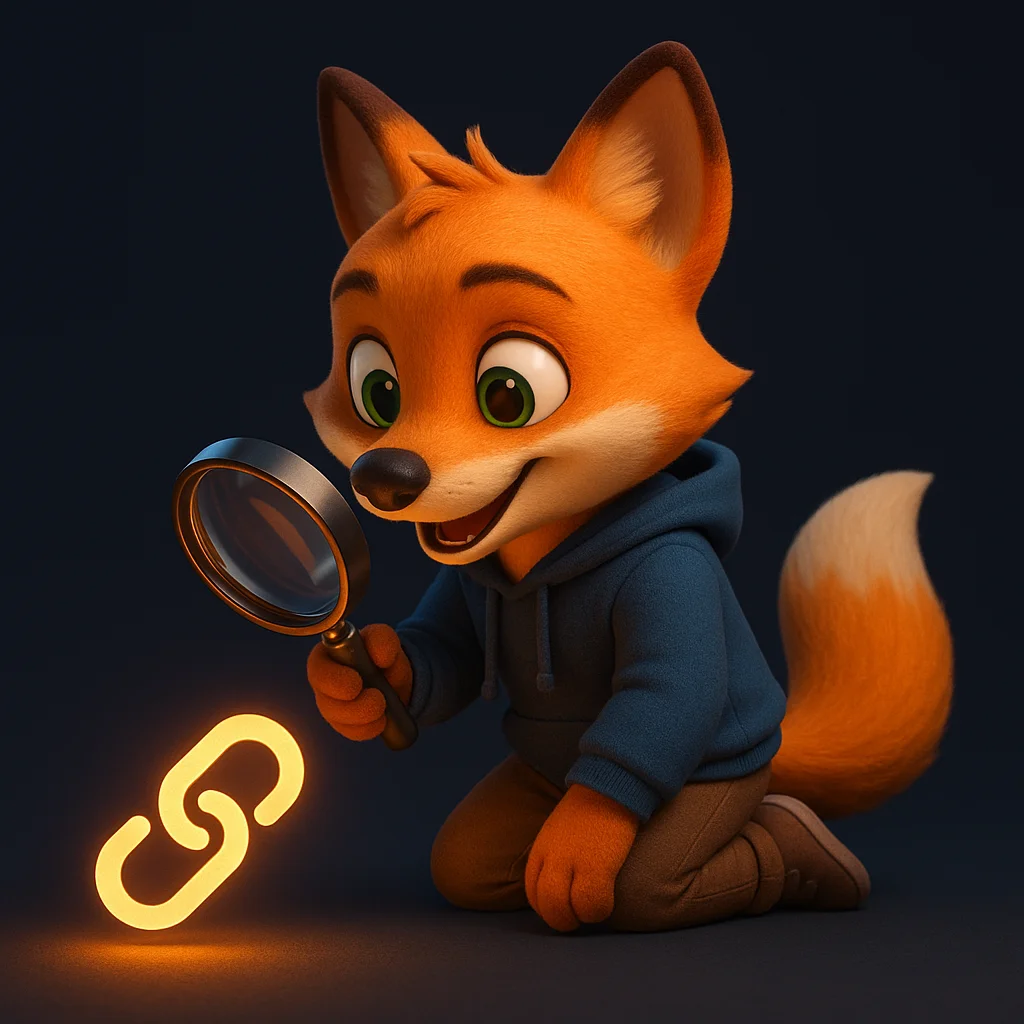 The FoxRadar fox mascot kneeling and inspecting a glowing link icon with a magnifying glass.
