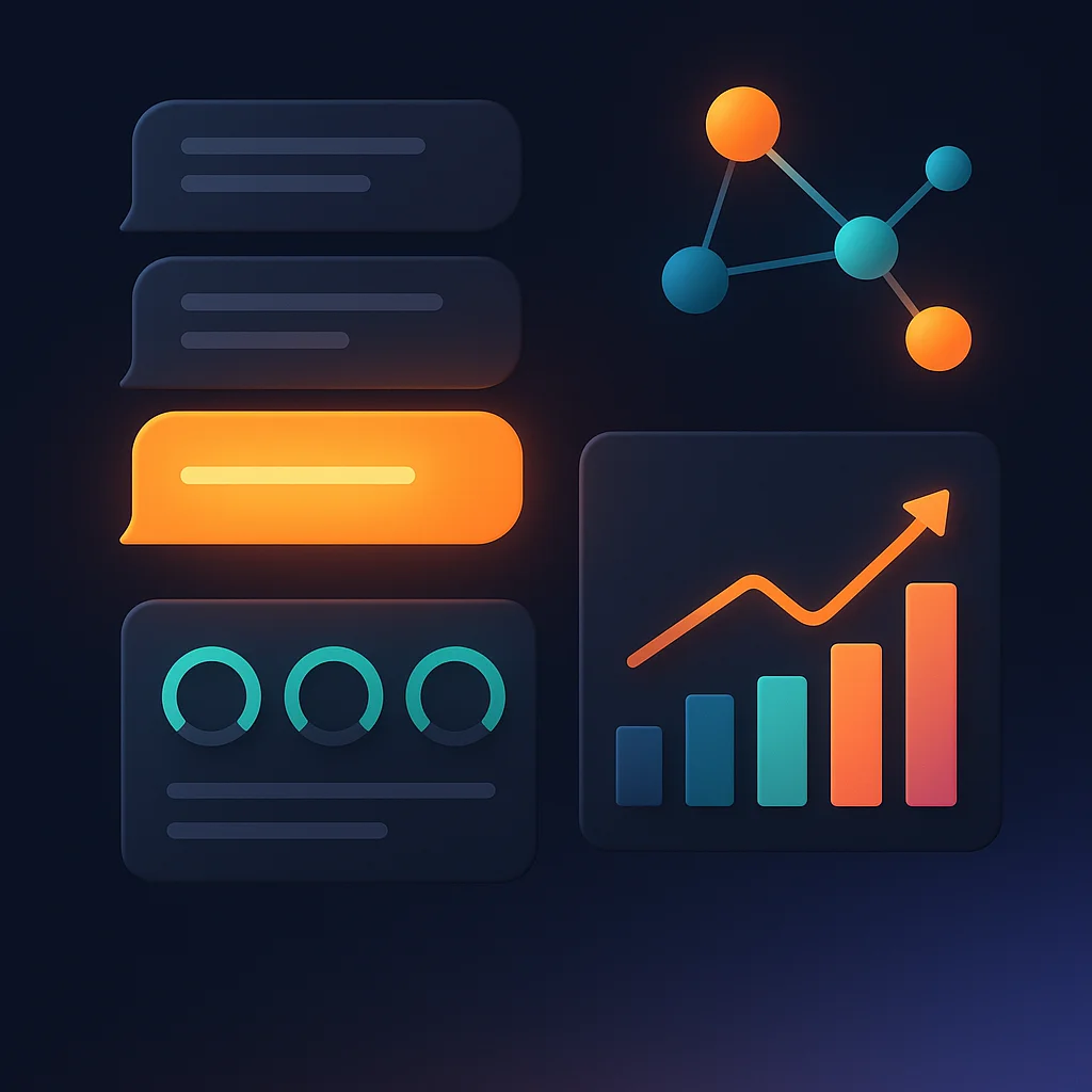 A concept illustration of a dashboard with a bright central brand node connected to AI platforms, no fox.