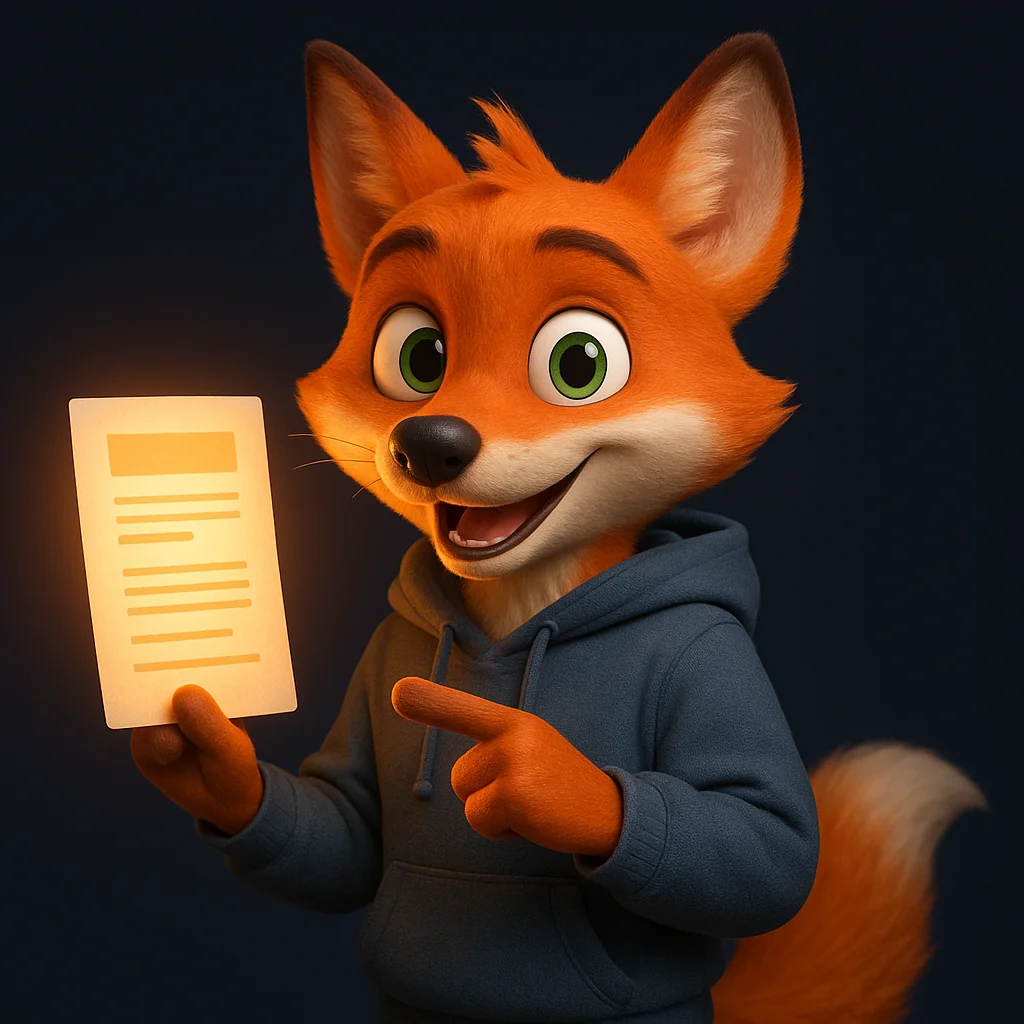 The FoxRadar fox mascot holding a glowing document and pointing to it confidently.