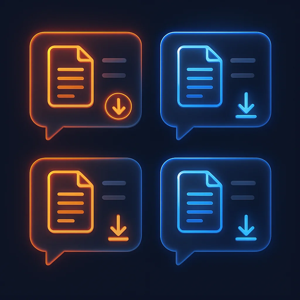 A clean concept illustration of glowing AI chat cards and document icons on a dark background.