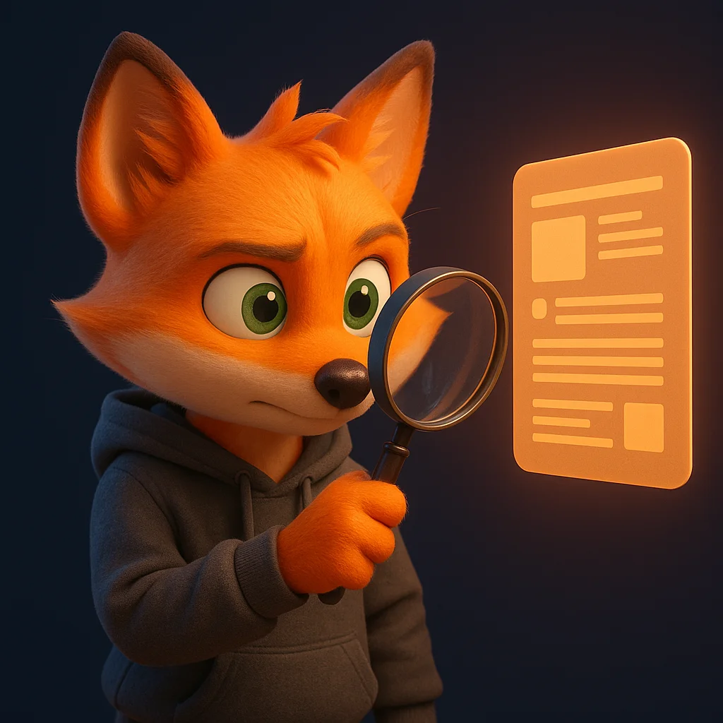 The FoxRadar fox mascot holding a magnifying glass and inspecting a floating page.