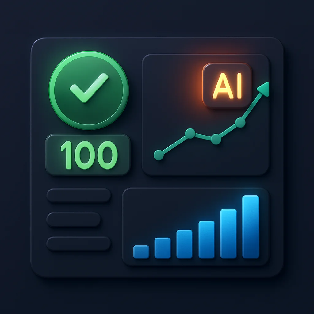 A clean concept illustration of a dashboard with green visibility scores and charts.