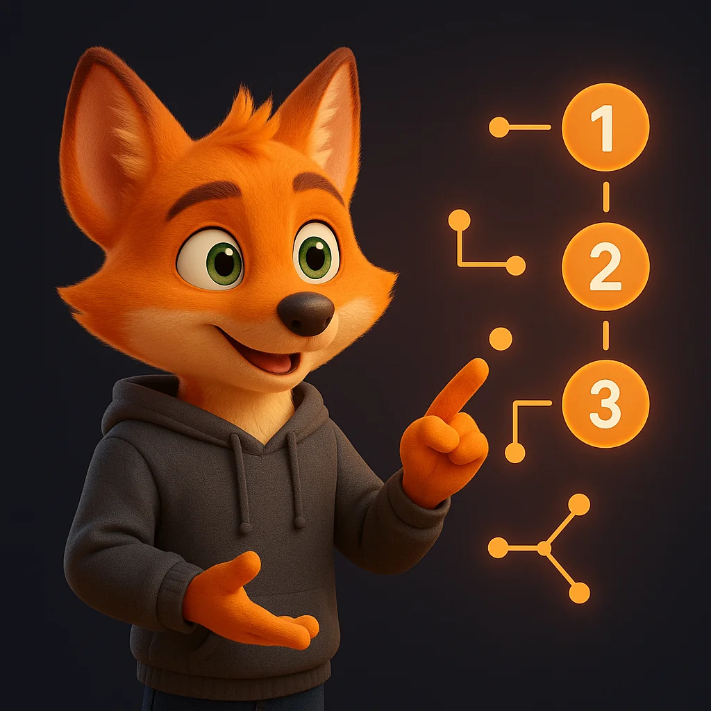 The FoxRadar fox mascot pointing at floating numbered steps, explaining a simple process flow.