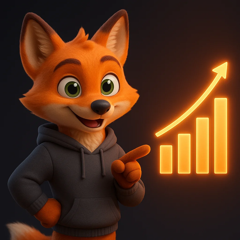 The FoxRadar fox mascot pointing at a rising chart, showing better visibility after adding a process page.