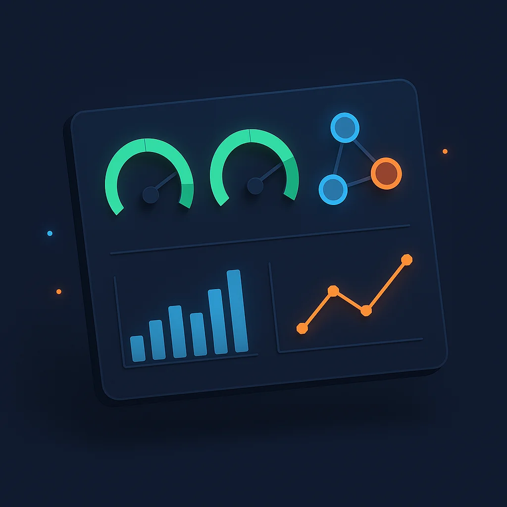 A clean 3D concept illustration of a dashboard with green visibility scores and connected nodes.