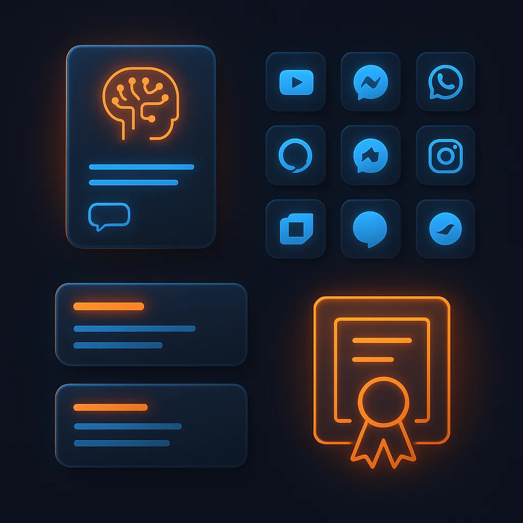A clean concept illustration of glowing recycling icons and interface cards on a dark background, without the fox.