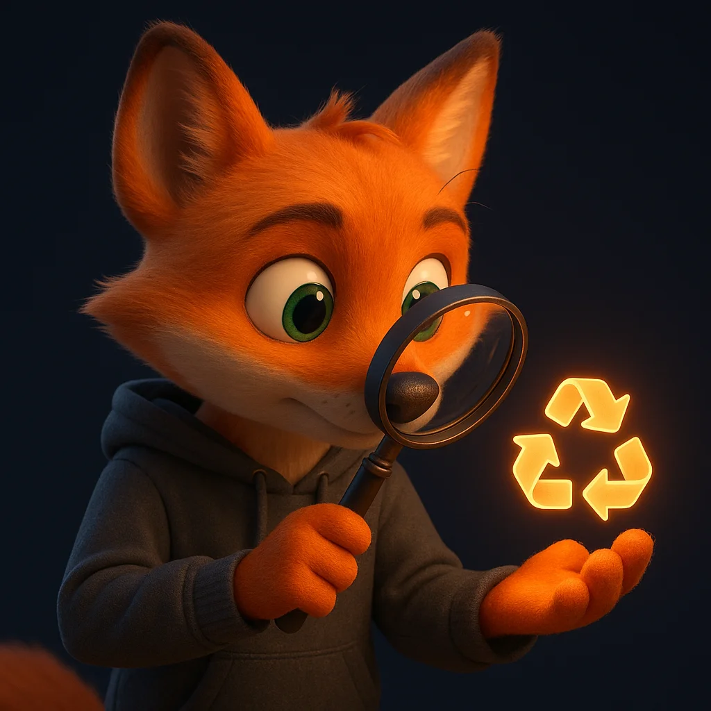 The FoxRadar fox mascot holds a large magnifying glass and inspects a glowing icon closely.