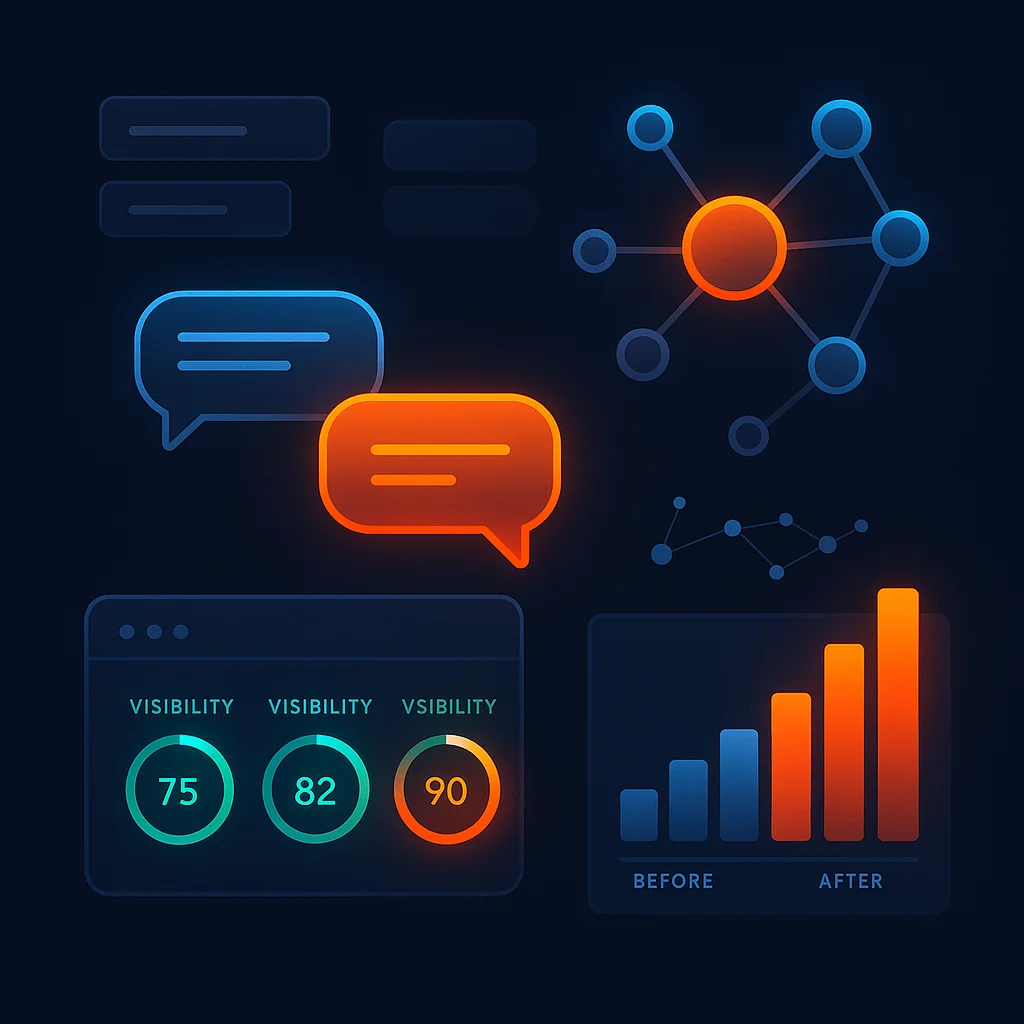 A clean concept illustration of a dashboard with bright visibility scores and connected nodes, without the fox.