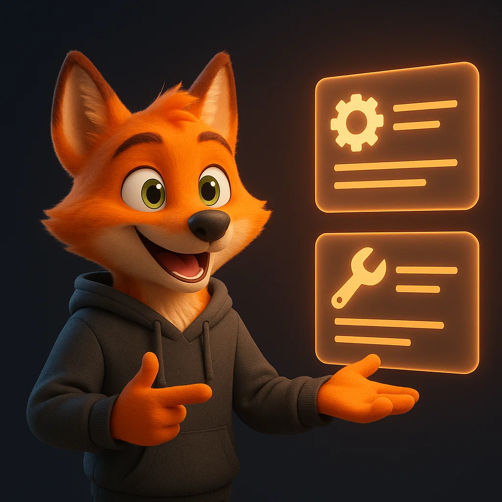 The FoxRadar fox mascot standing and pointing at floating data cards that show different tools and gear.