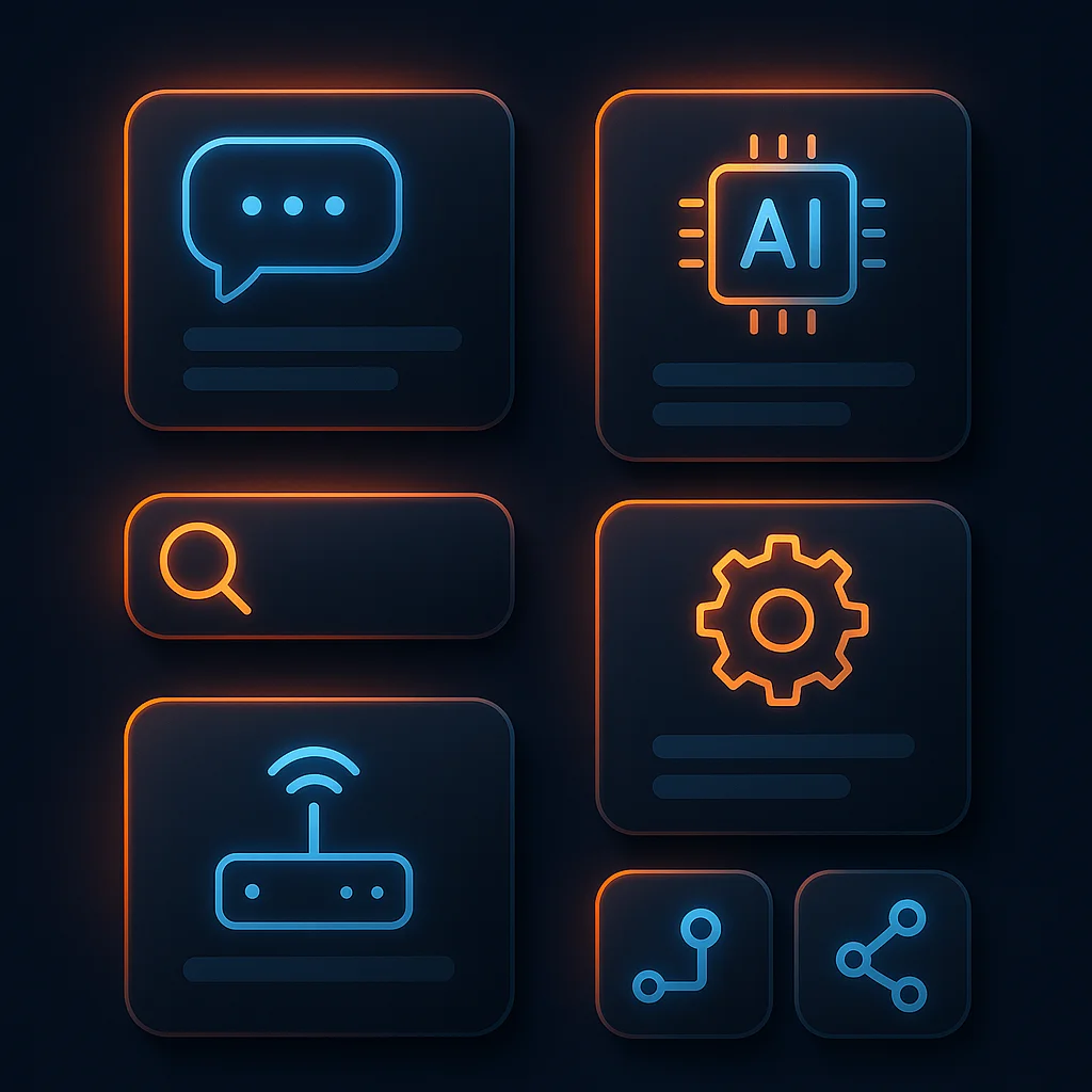 Clean concept illustration of glowing search result cards and interface tiles with abstract equipment icons, no fox.