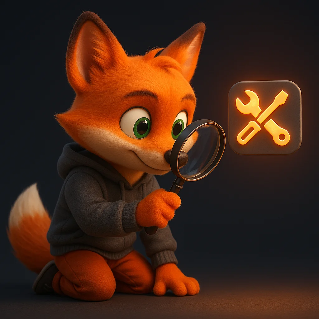 The FoxRadar fox mascot holding a magnifying glass and inspecting a floating checklist of tool icons.