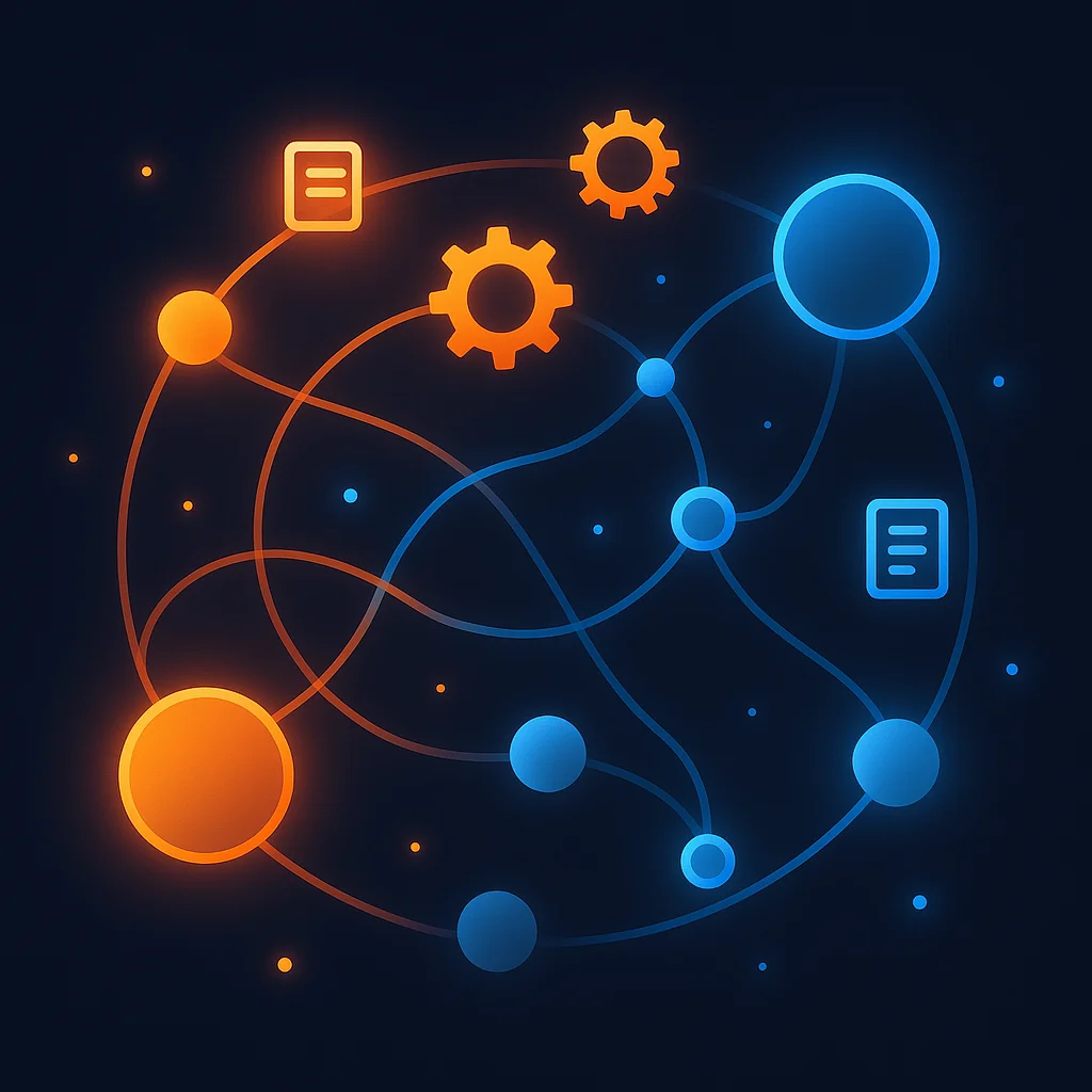 Clean concept illustration of floating interconnected nodes and glowing lines representing brand citations and AI visibility, no fox.