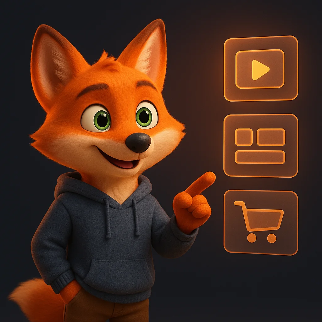 The FoxRadar fox mascot standing and pointing at floating data cards about demos and samples.