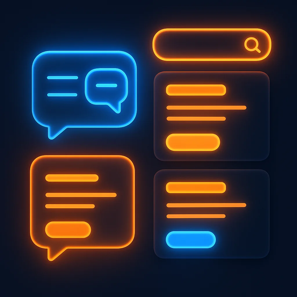 A clean 3D illustration of glowing interface cards showing demo, sample kit, and trial options.