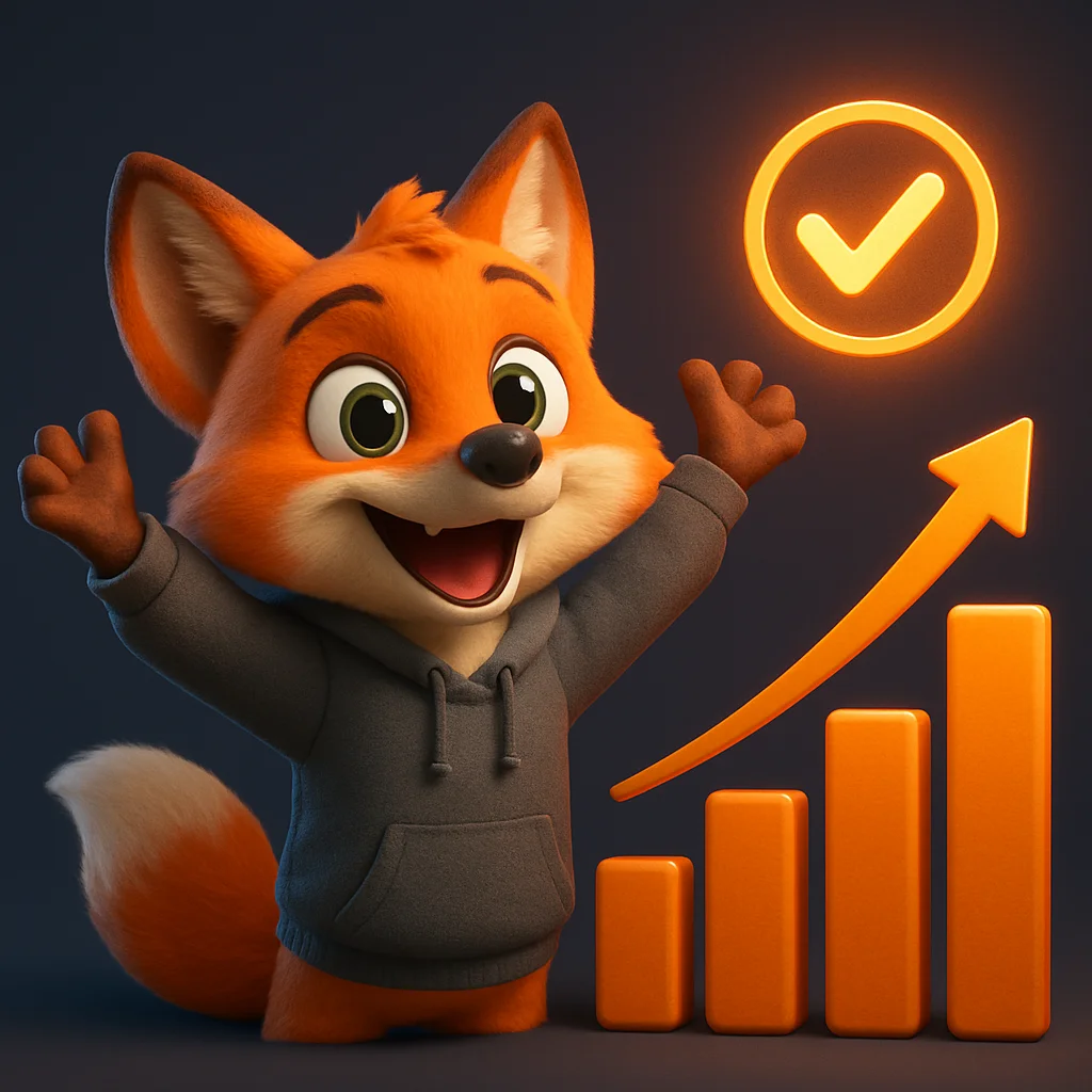 The FoxRadar fox mascot celebrating with arms raised next to a rising results chart.
