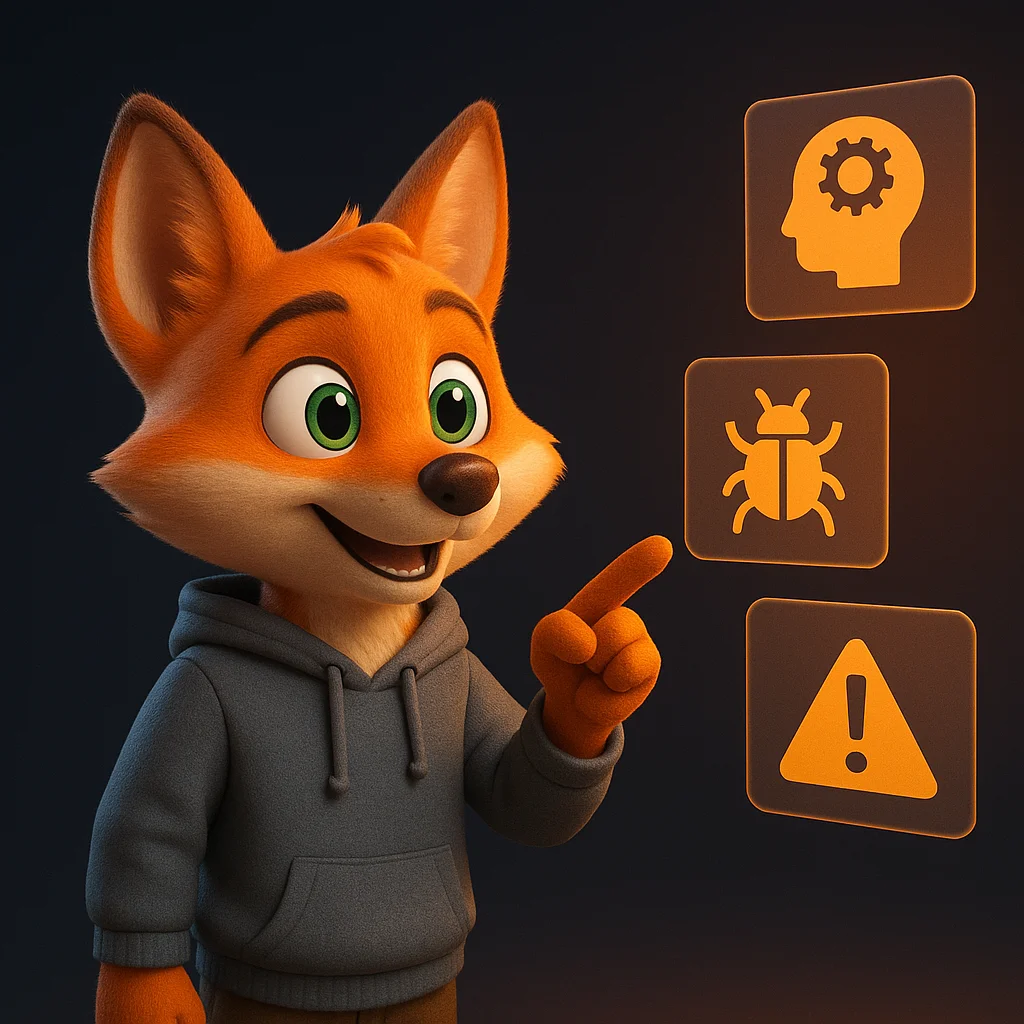 The FoxRadar fox mascot standing and pointing at floating problem cards and error codes.