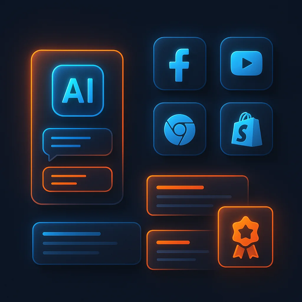 A clean 3D concept illustration of glowing troubleshooting cards and interface tiles without any fox.