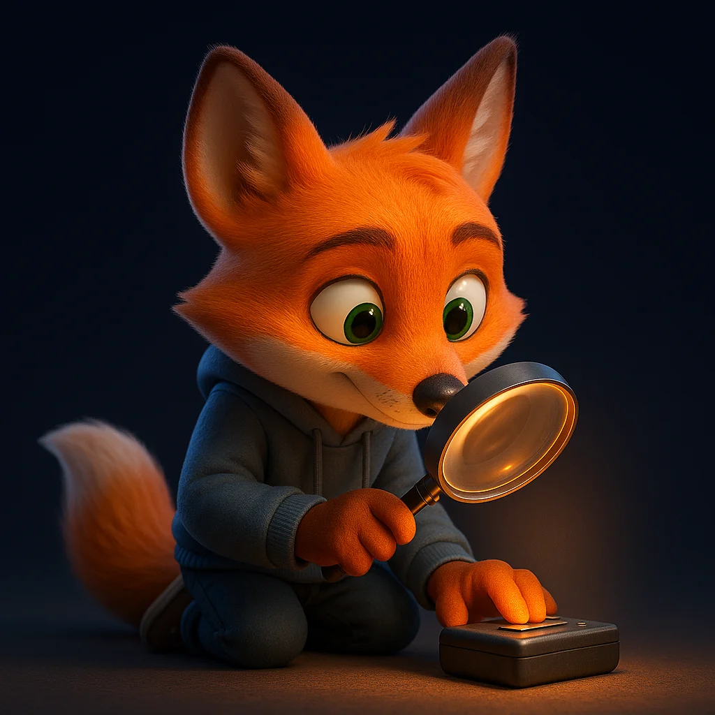 The FoxRadar fox mascot holding a magnifying glass and inspecting a small device closely.