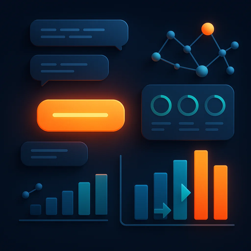 A clean 3D concept illustration of a dashboard with visibility scores and bright links, no fox present.