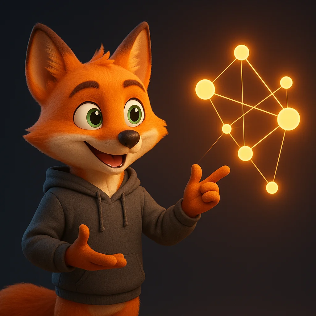 The FoxRadar fox mascot stands and points at a glowing referral network diagram of partner services.